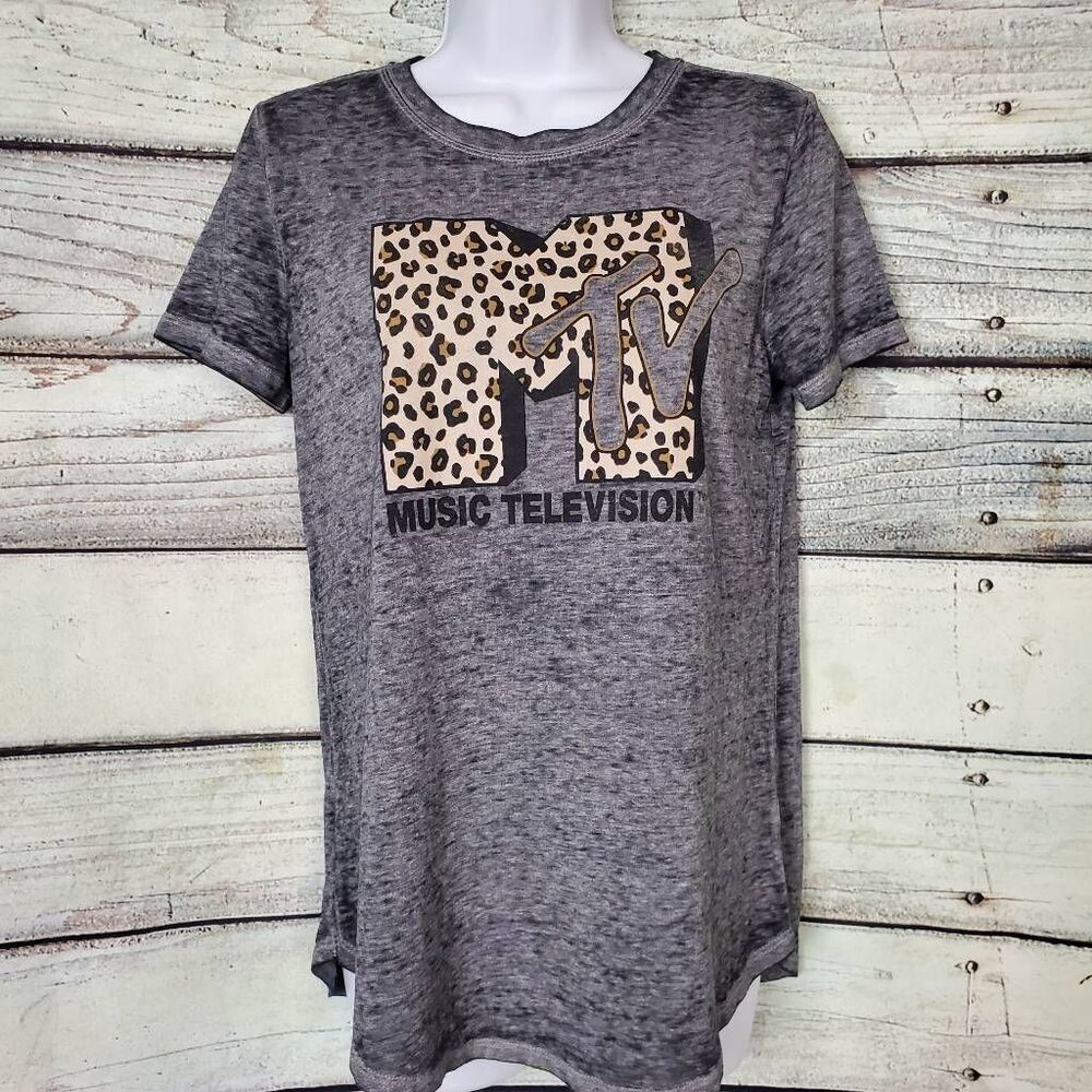 MTV Women’s T-Shirt XS Gray Leopard Print Logo Short Sleeve Graphic Tee
